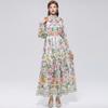 Robe de plage florale magnifique pour les vacances Printemps Été 2026 pour femmes Manches lanterne à col montant Boutonnage simple Ceintures Robe ample en mousseline