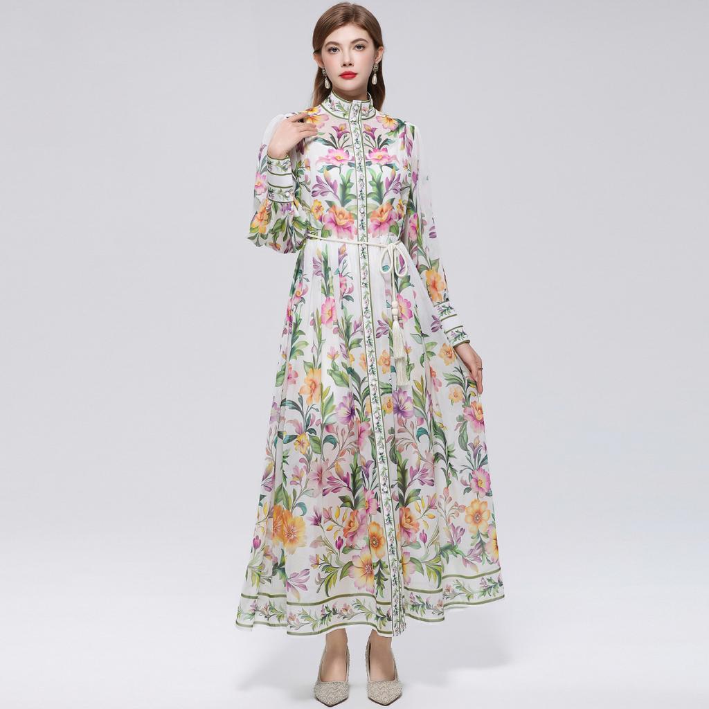 Robe de plage florale magnifique pour les vacances Printemps Été 2026 pour femmes Manches lanterne à col montant Boutonnage simple Ceintures Robe ample en mousseline