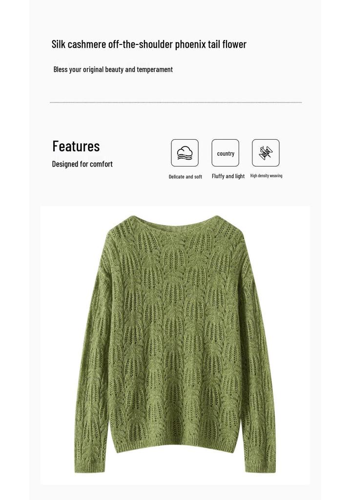 Korean Style Women's Cashmere Lyocell Round Neck Hollow Knit Sweater