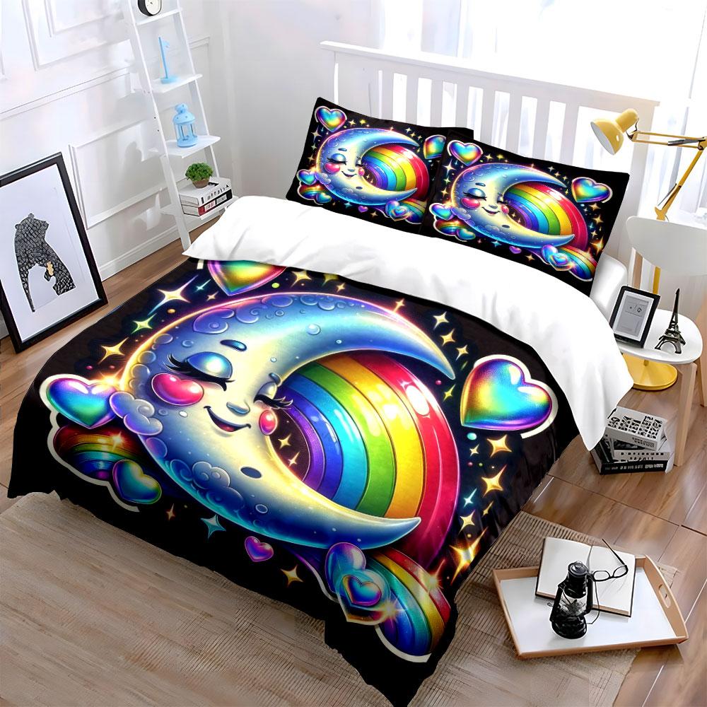 Cute Moon Rainbow Heart Design Bedding Duvet Cover Set  (1*Duvet Cover 2*Pillowcases, Without Duvet Insert)