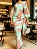Minzgrünes Korallen-Palmenprint-Bodycon-Maxikleid Damen Kimonoärmel V-Ausschnitt Hohe Taille Raffung Elegantes Kleid