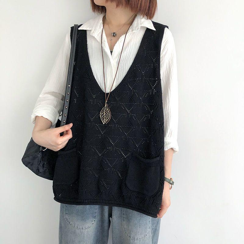 Knitted Vest Women's V-neck Hollow Thin Sweater Solid Color Casual Knitted Pullover Sleeveless Top Large Pocket Design Loose Casual Autumn