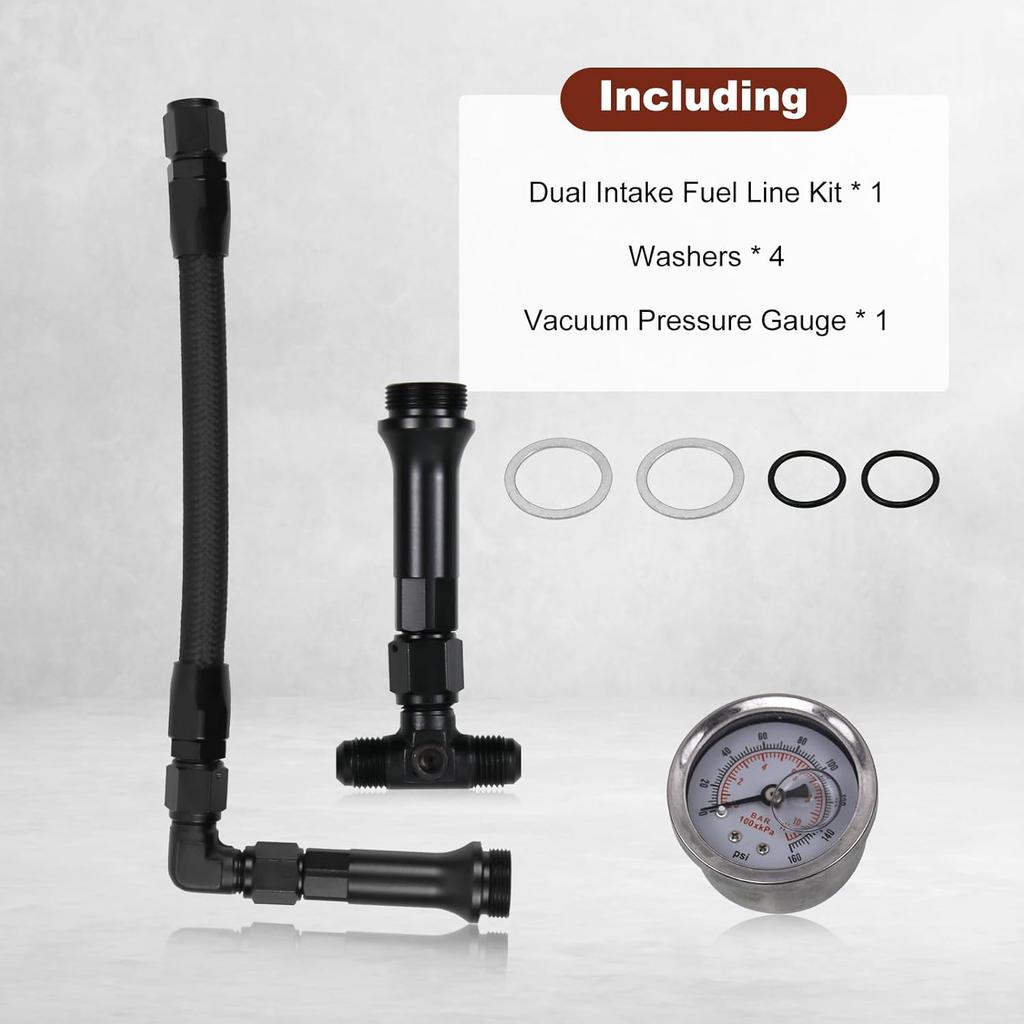 RULLINE AN6 Dual-Feed Double Pump Braided Fuel Line with 0-150psi Vacuum Pressure Gauge Compatible with Holley 4150 Carburetor
