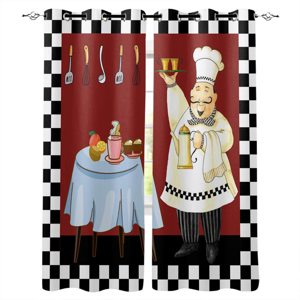 Black And White Plaid Chef Knife Fork Blackout Curtains For Kitchen Bedroom Kids Room Window Treatment Curtains for Living Room