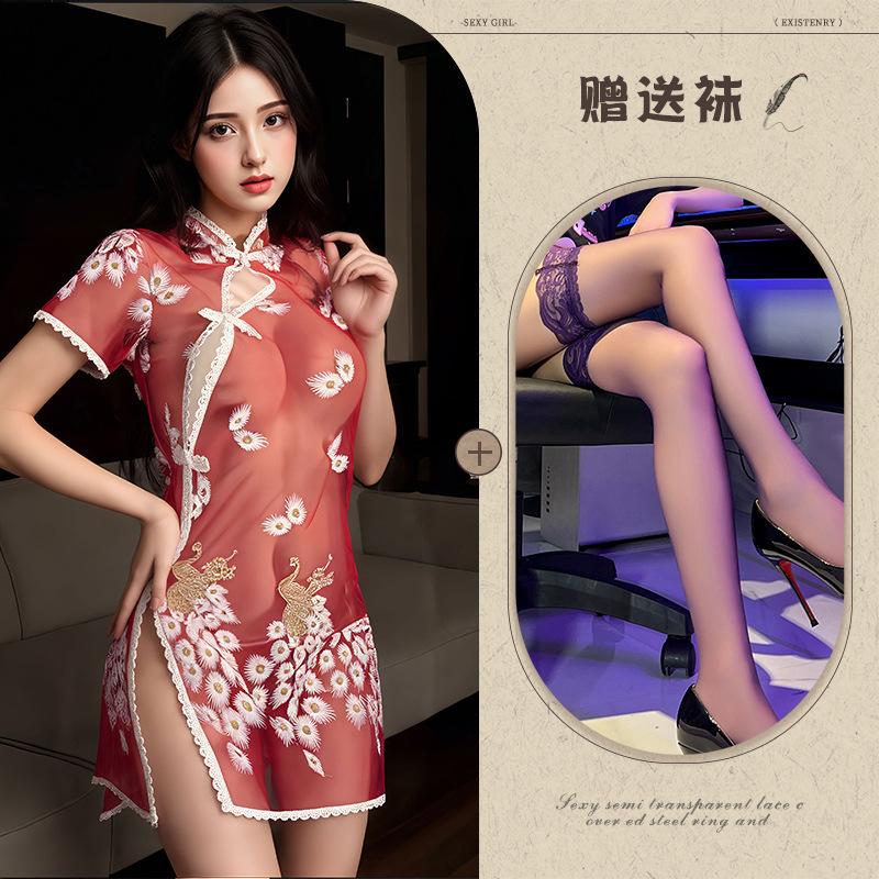 Embroidery embroidery erotic underwear sexy perspective temptation pure desire pajama set Republic of China cheongsam set