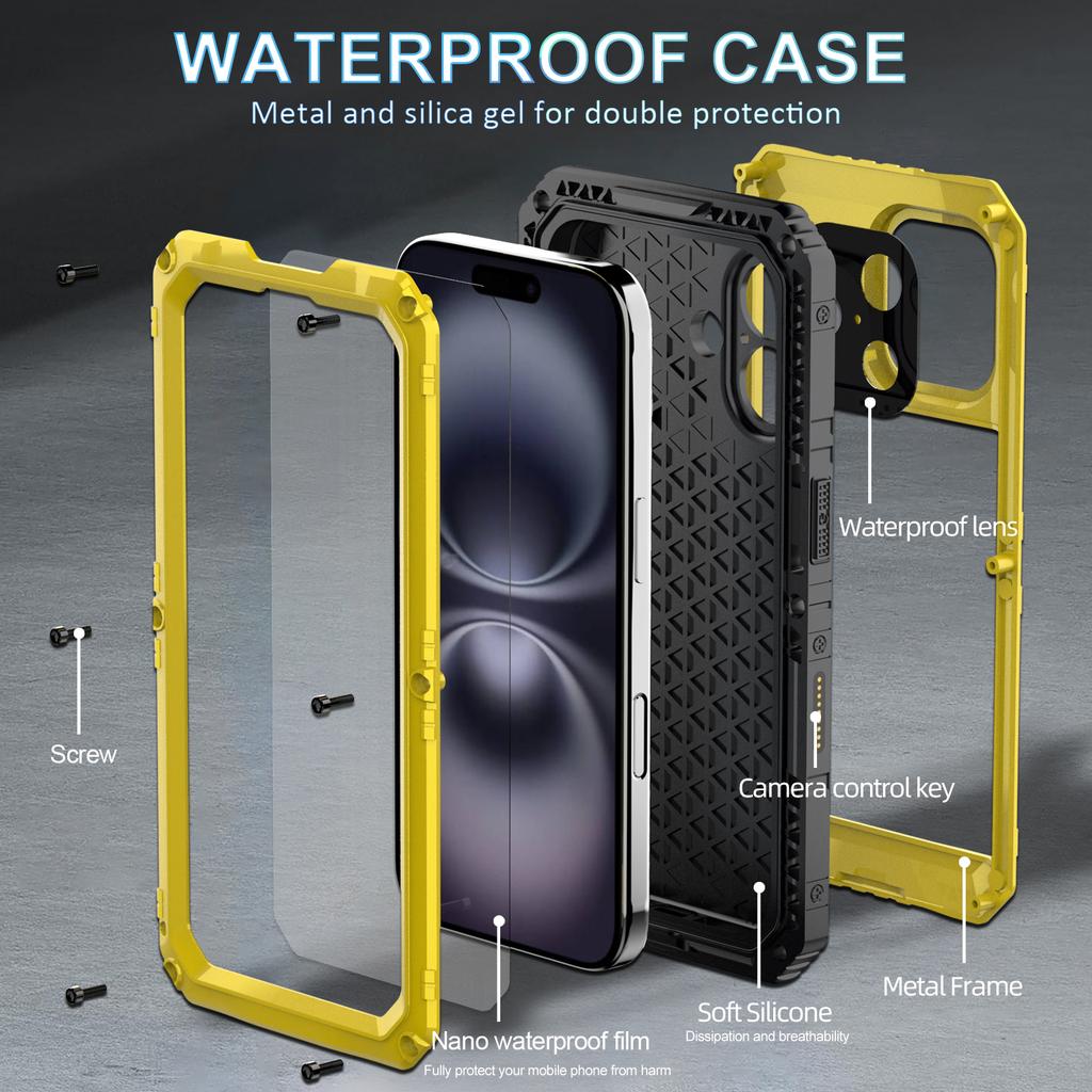IP68 Waterproof Phone Case for iPhone 16 Plus Metal+Silicone Cover with Screen Protector