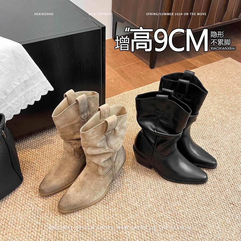 2025 nová verze z hovězí kůže špičaté boty s krátkým svrškem dámské boty na vysokém podpatku retro westernové kovbojské rytířské boty Martensky