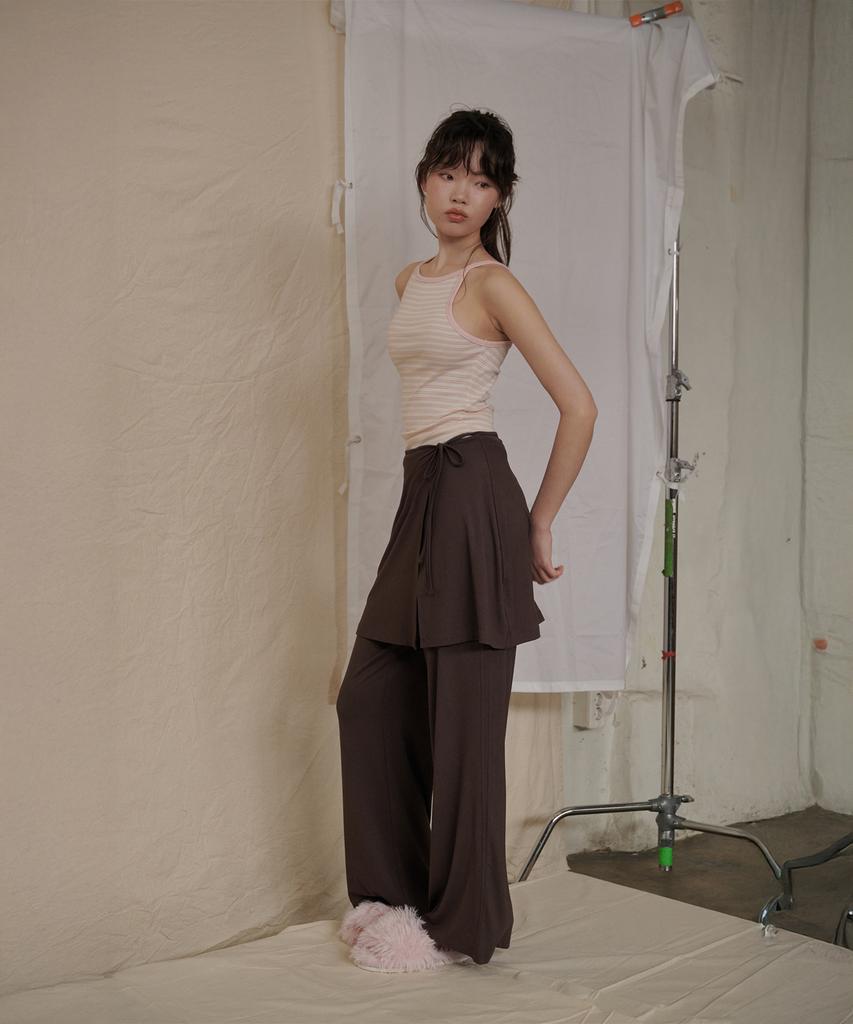 Okkitteu Layered Wrap Skirt Pants Brown