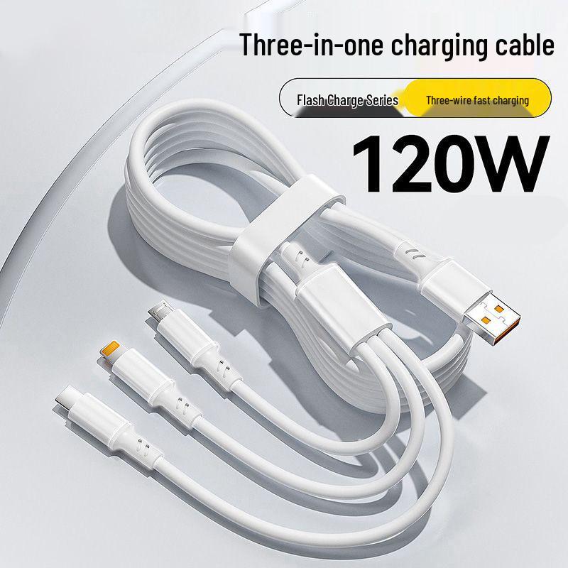 120W Fast Charge 6A 3-in-1 Data Cable for Vivo, Xiaomi, Oppo, Huawei, Honor, iQOO, and Apple