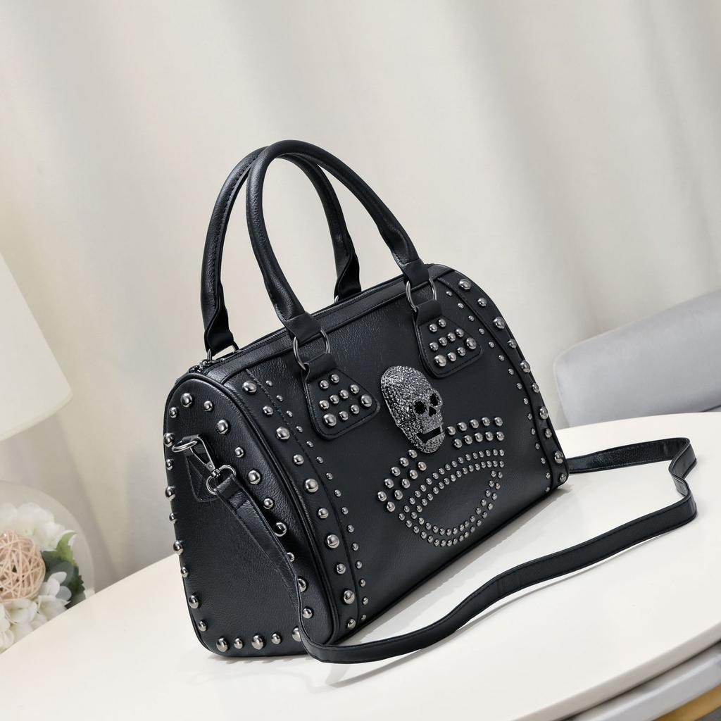 Women's Bag with Rivets, Black Skull Head, Versatile Shoulder Bag, Diagonal Cross Pillow Bag, Women's Bag