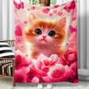 Mignon Chaton Roses Cœurs Papillons Fond Rose Couverture en Flanelle Couverture Douce Confortable pour Chambre d'Enfant Filles Décoration Cadeau