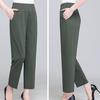 High Waist Elastic Waistband Women Pants Button Decoration Pockets Thin Office Lady Straight Wide Leg Trousers
