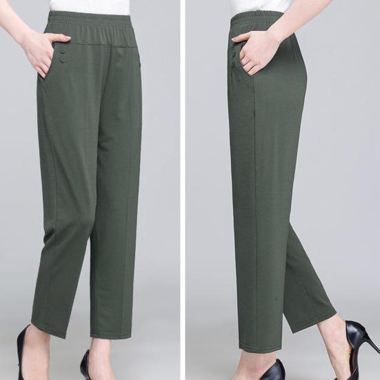 High Waist Elastic Waistband Women Pants Button Decoration Pockets Thin Office Lady Straight Wide Leg Trousers