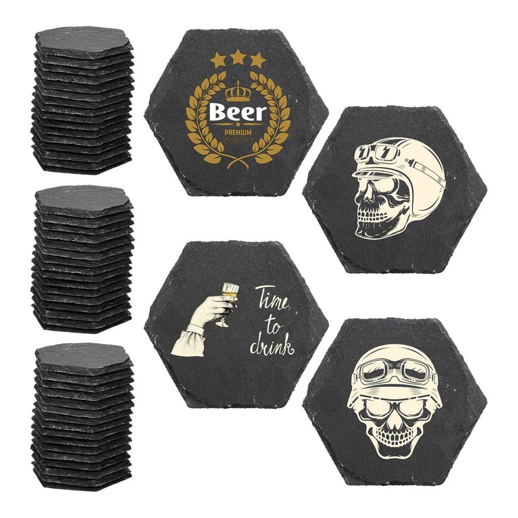 8pcs Slate Coasters Bulk - 4 Inch Square Round and Hexagon Handmade Black Stone Blanks for Laser Engraving and Home Decor