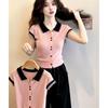 La Chapelle Women's Korean Style Polo Collar Knit Short Sleeve Top