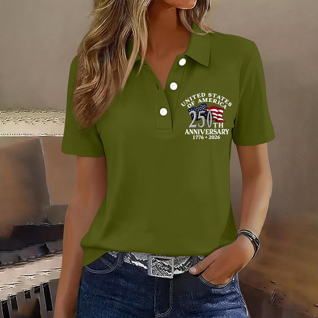 Women's Casual Button Front Short Sleeve Polo Shirt 250th Anniversary United States Printed Top 1776 To 2026 Commemorative Apparel