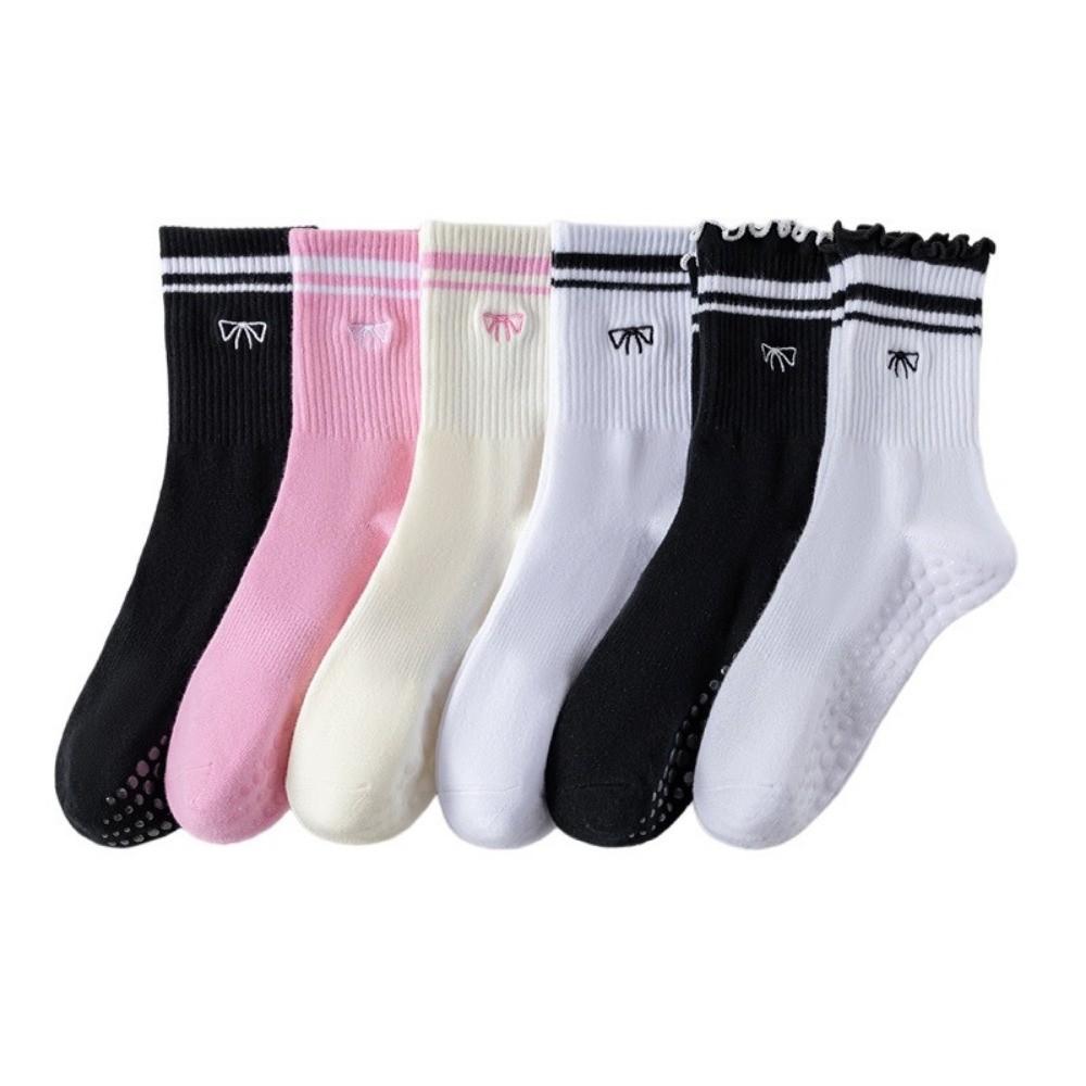 1Pair Non-Slip Yoga Socks Bow Embroidery Cuffed Mid Tube Socks Professional Pilates Socks for Women