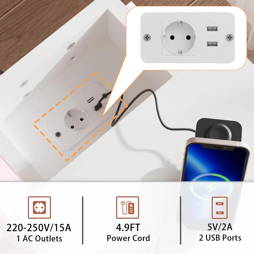3 Drawer Bedside Table Adjustable Bluetooth Light Strip Floor Mount Wood Bedside Cabinet with Charging Station for Home EUPlug