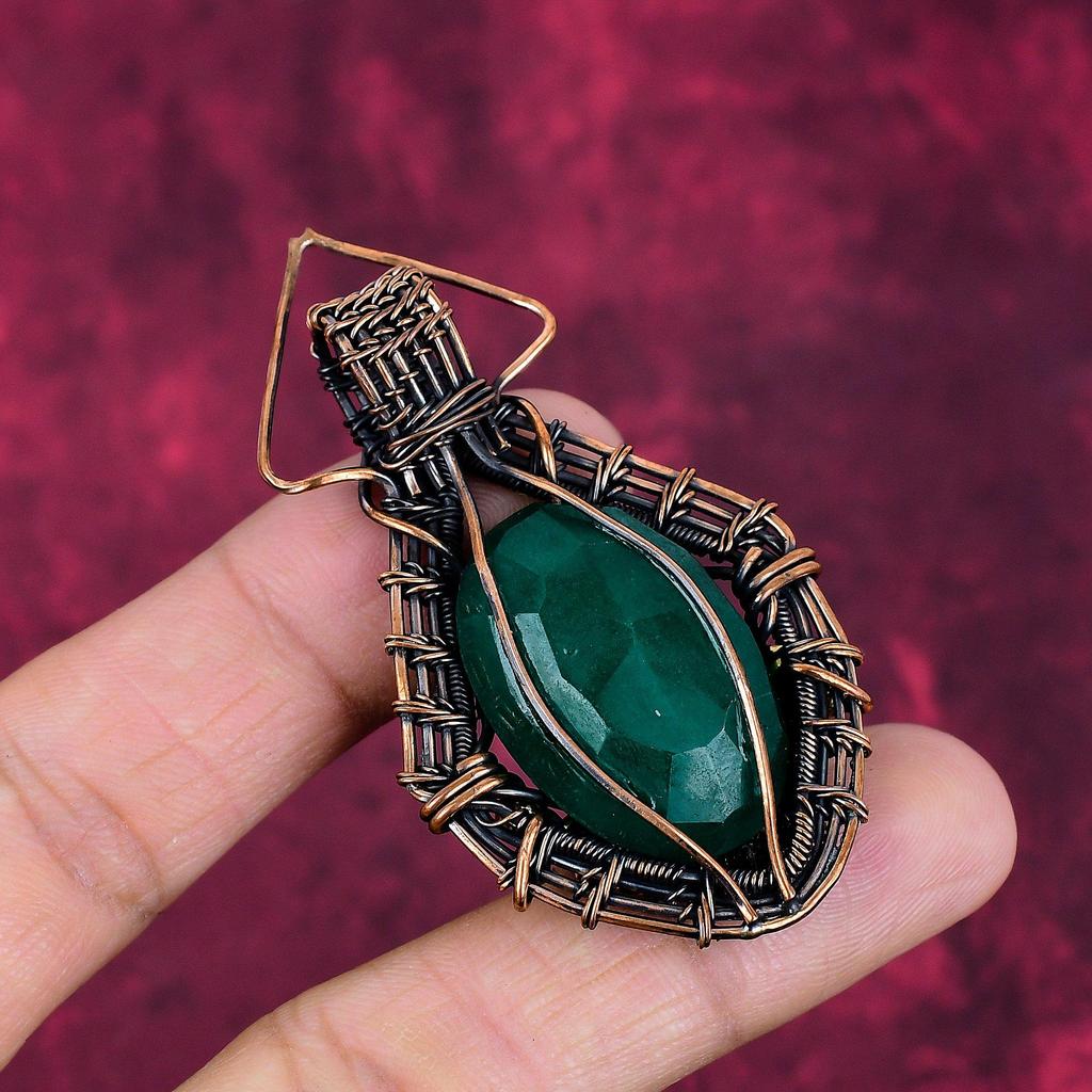 Faceted Zambian Emerald Gemstone Pendant Copper Wire Wrapped Handmade Jewelry