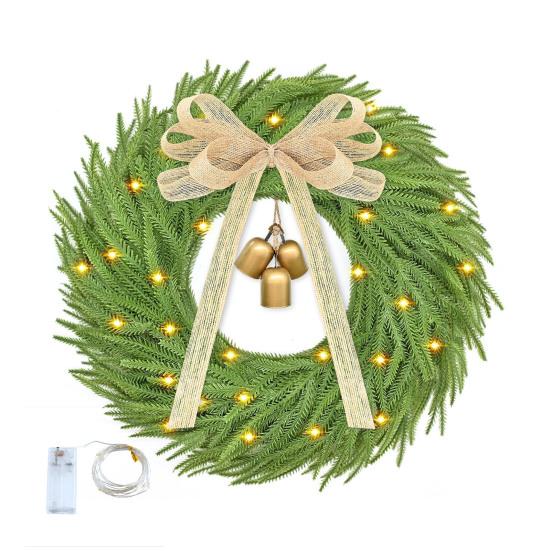 Artificial Christmas Wreath with Bow And Bells Realistic Pine Greenery for Door Wall Decor Outdoor Indoor LED String Lights Xmas Thanksgiving
