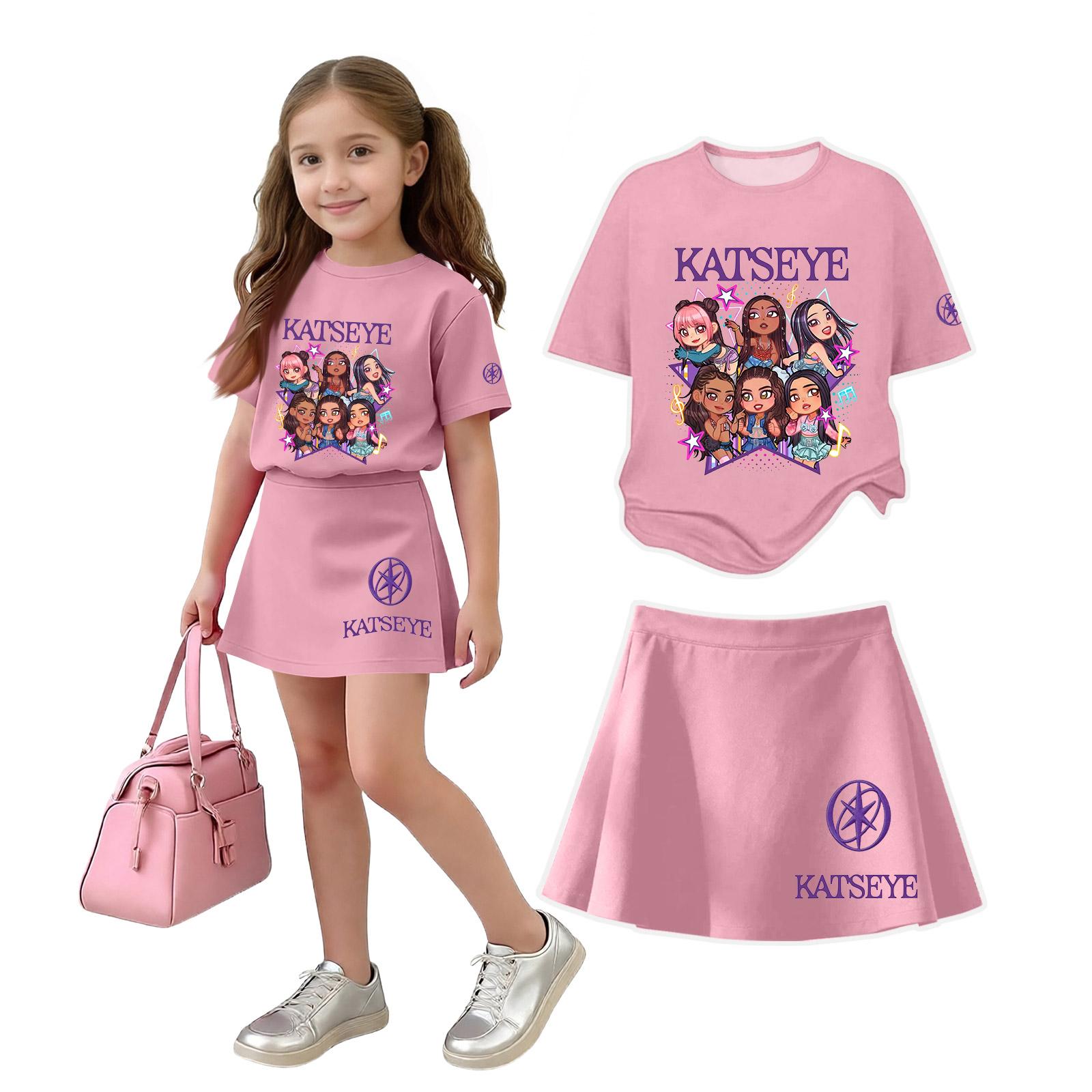 Girls Loose Fit Casual T-Shirt and Skirt Set with Printed Graphic Crew Neck Top and Comfortable Skirt for Everyday Wear 110