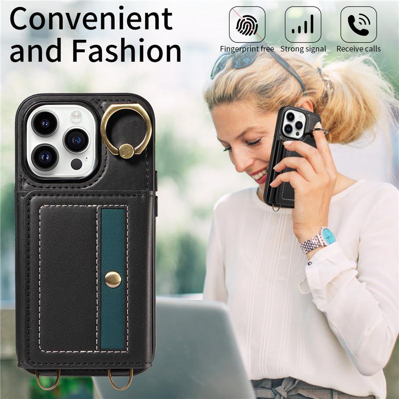 Ring Lanyard Leder Brieftasche Fall für iPhone 15 Pro Max 14 Plus 13 Pro 12 Samsung Galaxy S24 Ultra S23 S22 21 FE A25 A15 A54 A34 A14 Flip Telefon Abdeckung