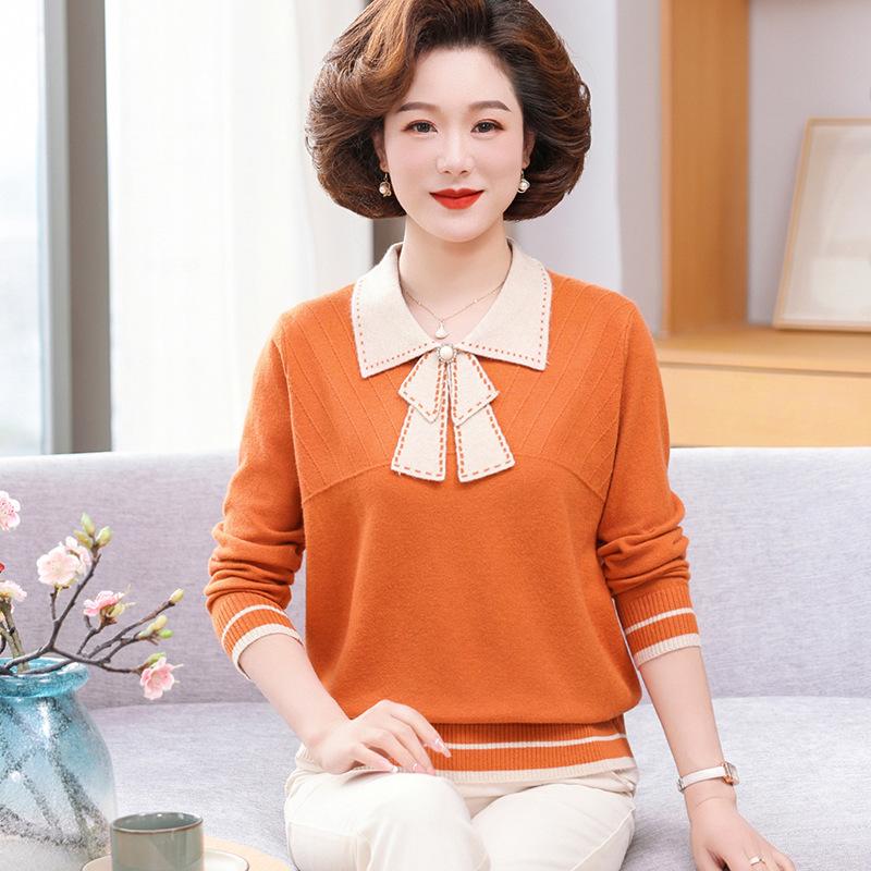 

Fashionable Loose Knitwear: Plus Size Lapel T-shirt, Blouse, Sweater, and Base Layer for Middle-Aged and Elderly Mothers 2XL (recommended 110-120 jin) помаранчевий
