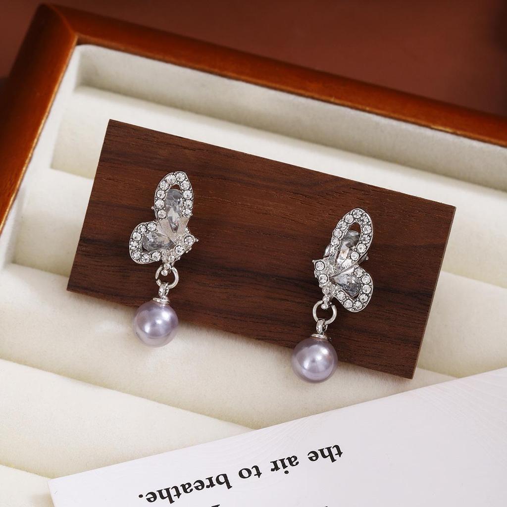 Silver Needle Light Luxury Pearl & Rhinestone Butterfly Earrings for Women