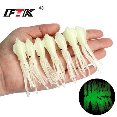 5 teile/paket Tintenfisch Angelköder 8 cm 5,5 g Silikonrock Tentakeln Angelhaken Angelgerät Salzwasser Glow-in-the-Dark Weiche Angelköder
