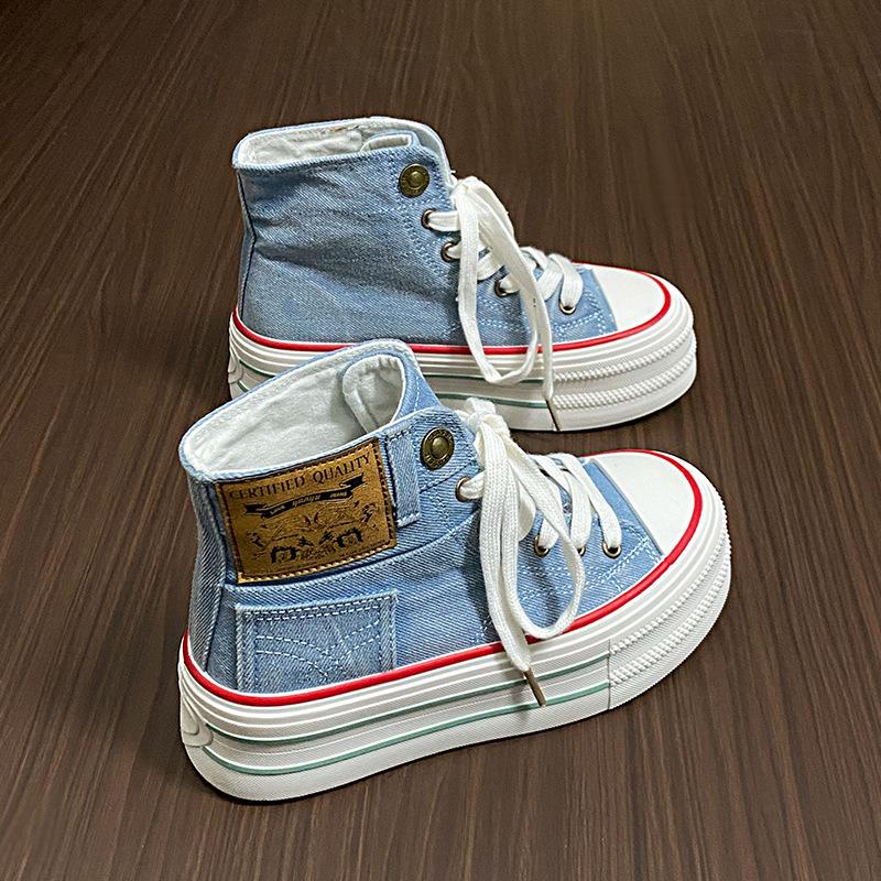 

Джинсовые высокие парусиновые туфли женские весенние туфли на толстой подошве 2024 новые туфли в модной универсальной нишевой повседневной обуви 35 чёрный