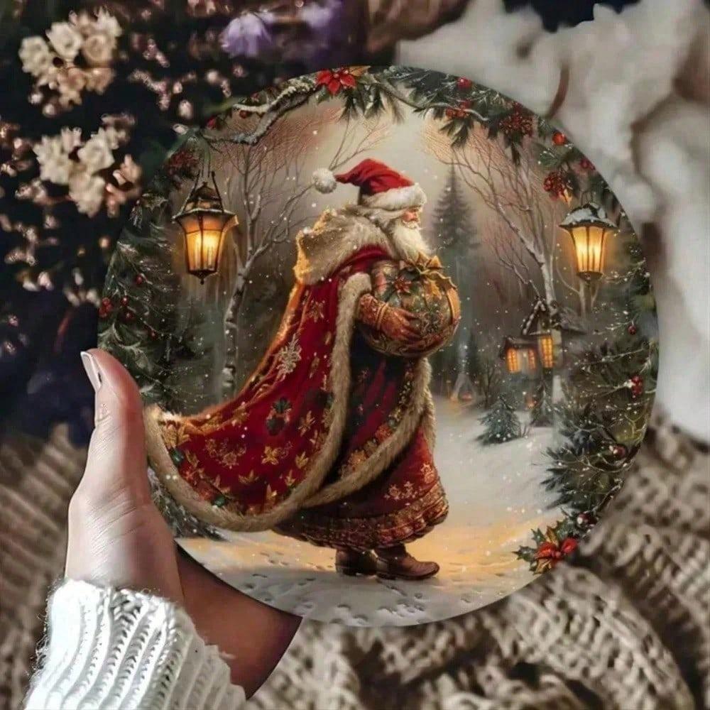 Vintage Santa Claus Metal Wall Art 8x8 Inch Retro Snow Scene Aluminum Sign Weatherproof Home Decor