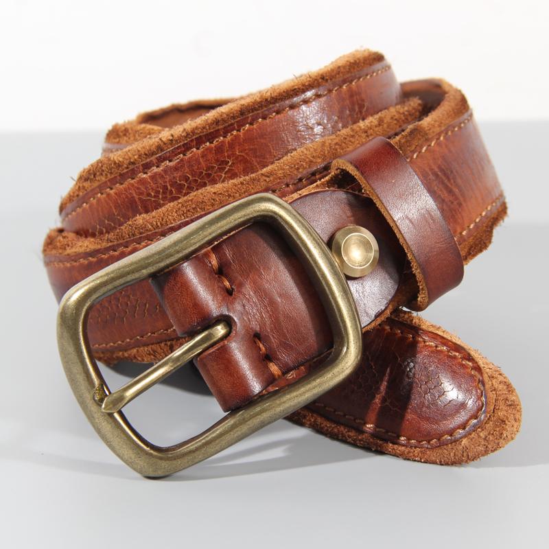 

Мужской ремень из латуни с пряжкой-булавкой, кожаный ремень в стиле ретро, мужской ремень из воловьей кожи первого слоя, роскошный дизайнерский ремень 125cm хаки