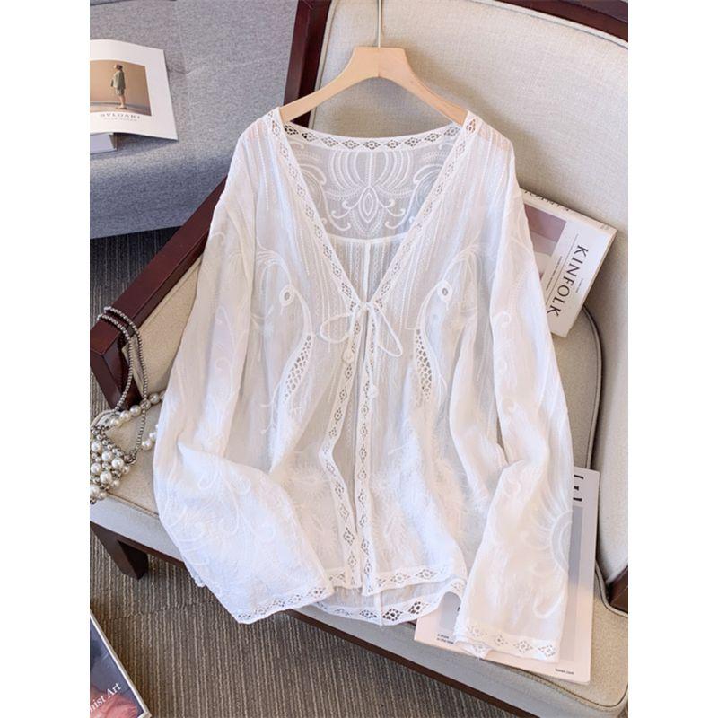 Plus Size New Chinese Style Embroider Lace Lace Sweet Long Sleeve Shirt Women's Spring & Fall Loose Thin V-neck Outer Tops