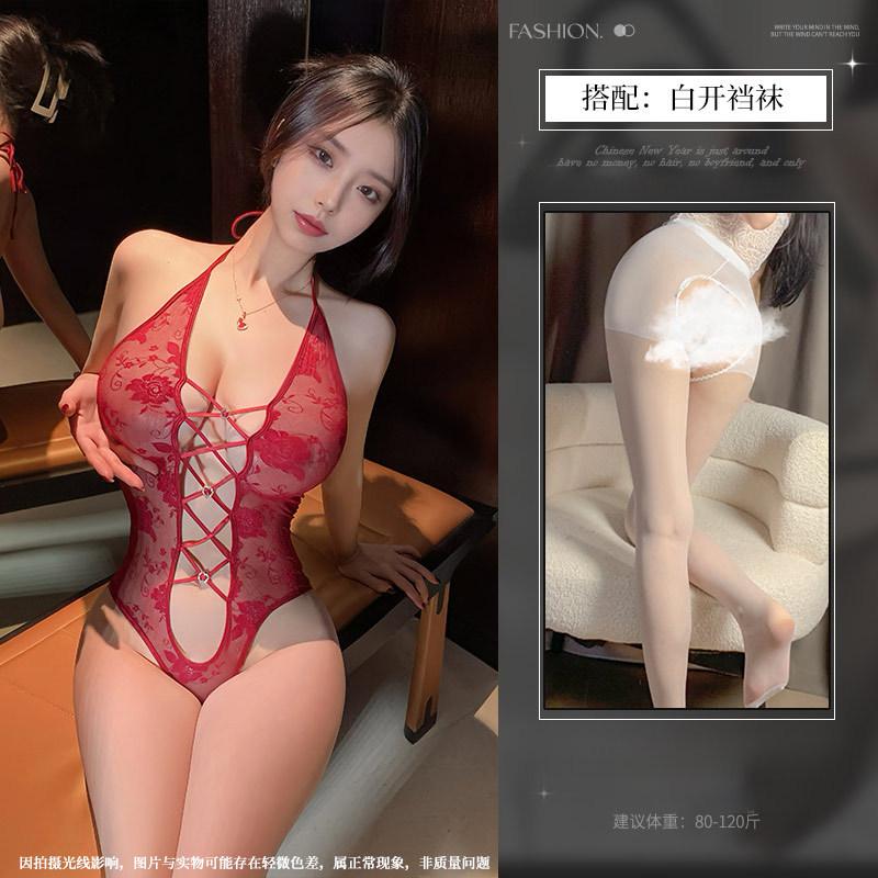 Neck onesie sexy free lace perspective waist tight lingerie women's temptation empty love