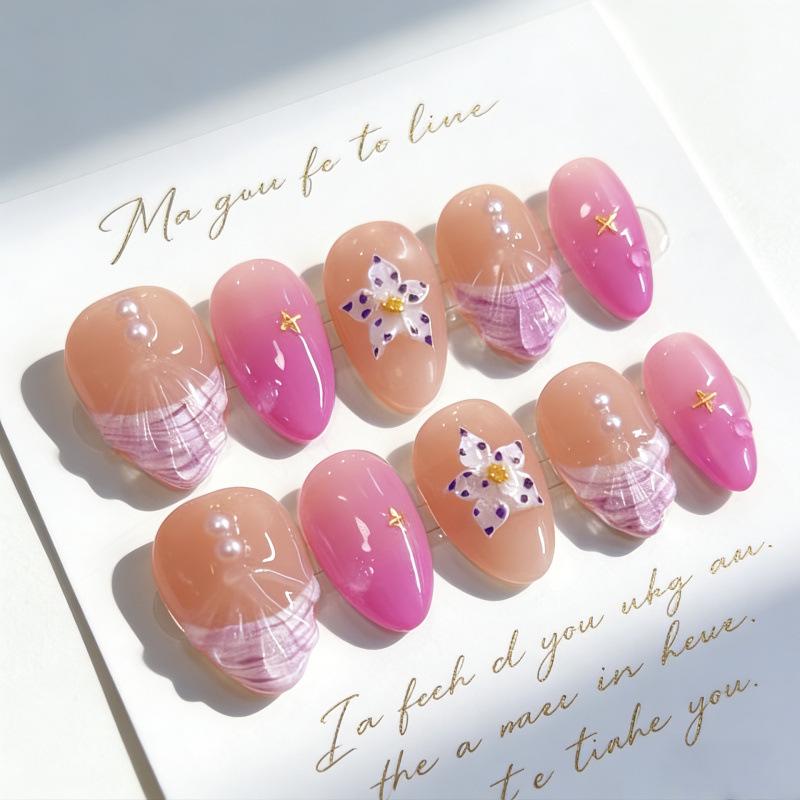 30-Piece Set: Purple French 3D Leopard and Starfish Pearl Almond Short Manicure Nails