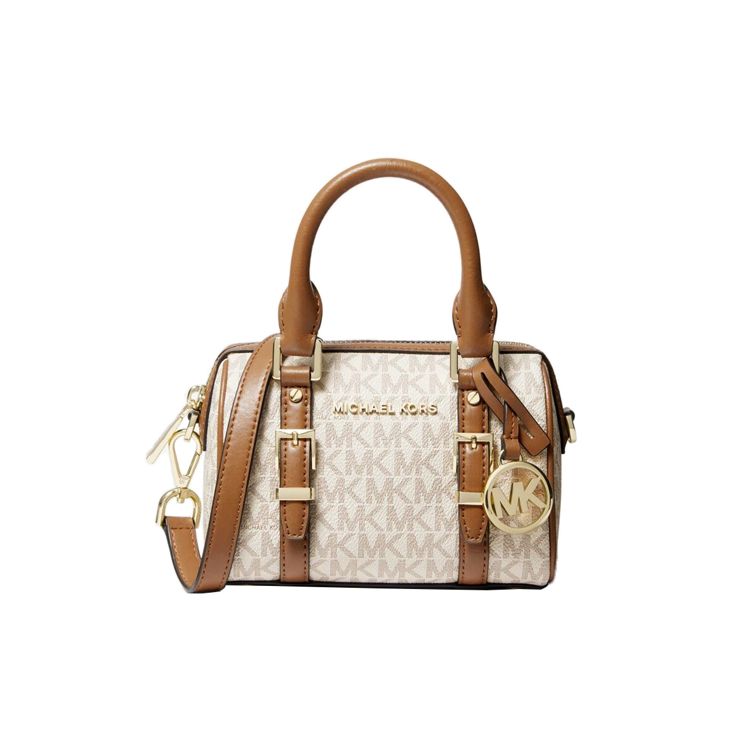 Michael Kors Bedford Logo Print Leather Boston Bag Women Bags Vanilla-White Acorn-Brown 32F9G06C0B-149 Shopping Bag Set(Basic Set+Shopping Bag)