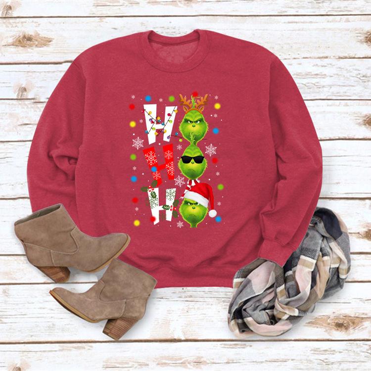 HO HO HO Cartoon Christmas Women's Casual Loose Long Sleeve Round Neck Hoodie