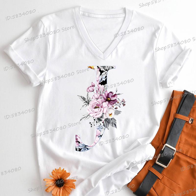 Watercolor Letter C Print Women Vneck Tshirts 26 Initials Flower Retro Classic Tops Alphabet Floral Womens Birthday Gift Tees
