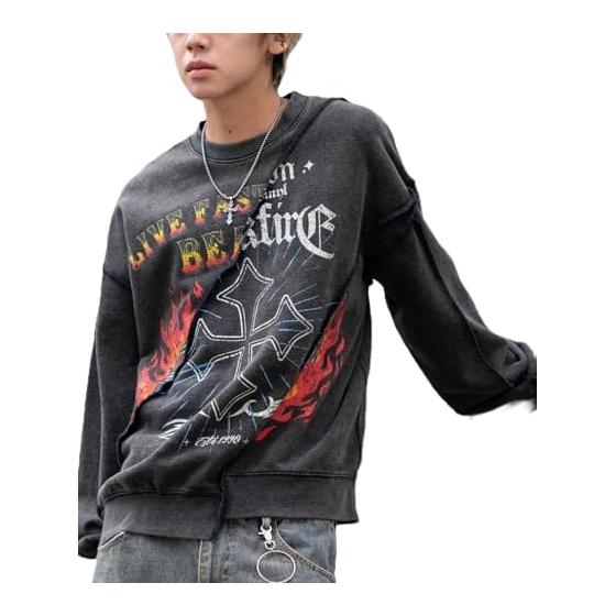 [Wego] Vintage Graphic Docking Pullover Tops Sweatshirt Sweatshirt Street Clothes Autumn Clothes Winter Clothes Gift Present Men s