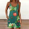 Womens Sleeveless Spaghetti Strap Romper Artistic Flowers Print Pocket Short Jumpsuit