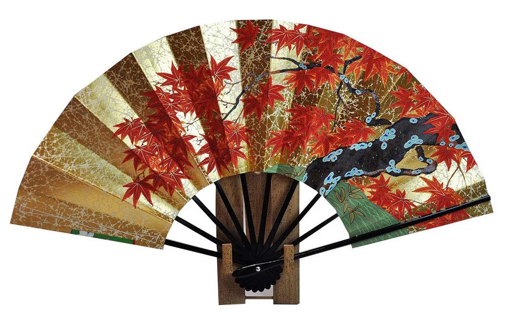 Kyoto Fan Double-sided decorative fan, cherry blossomautumn leaves design, with fan stand, in a box.