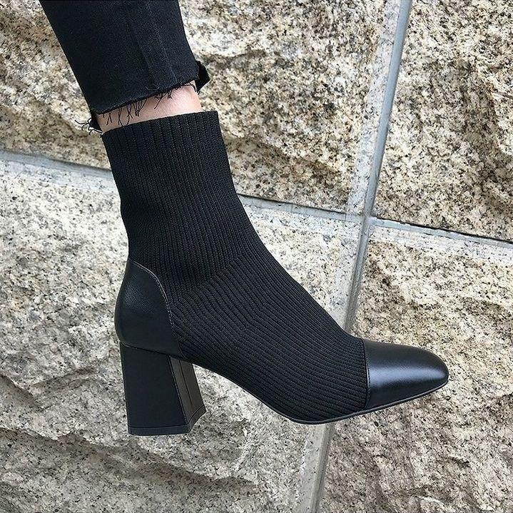 

Вязаные короткие ботинки женские осень-зима 2025 новые толстый каблук ботинки мартин квадратный каблук эластичные тонкие ботинки вставки ботинки-носки 40