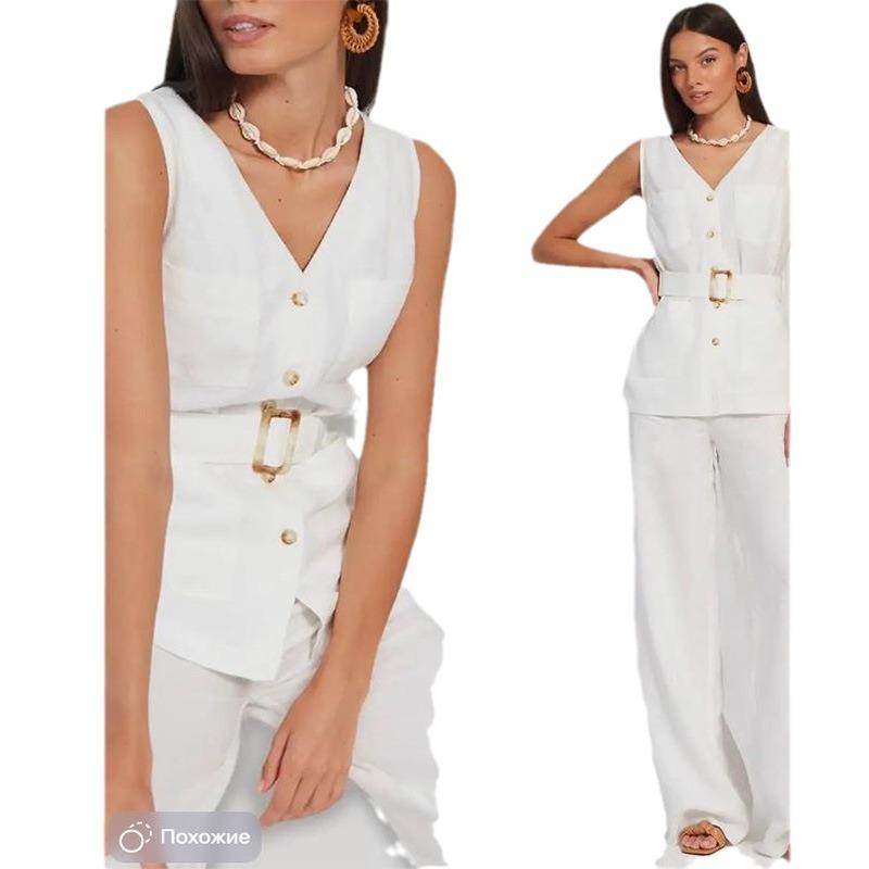 Conjunto de Chaleco de Lino Puro con Parches y Pantalones Largos de Venta Caliente 2024