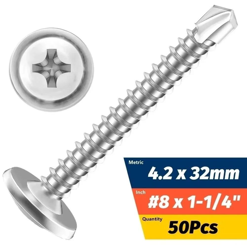 50PCS Stainless Steel Self Tapping Screws Flat Head Cross Phillips Metal Screws High-Strength Round Washer Self Drilling Screws
