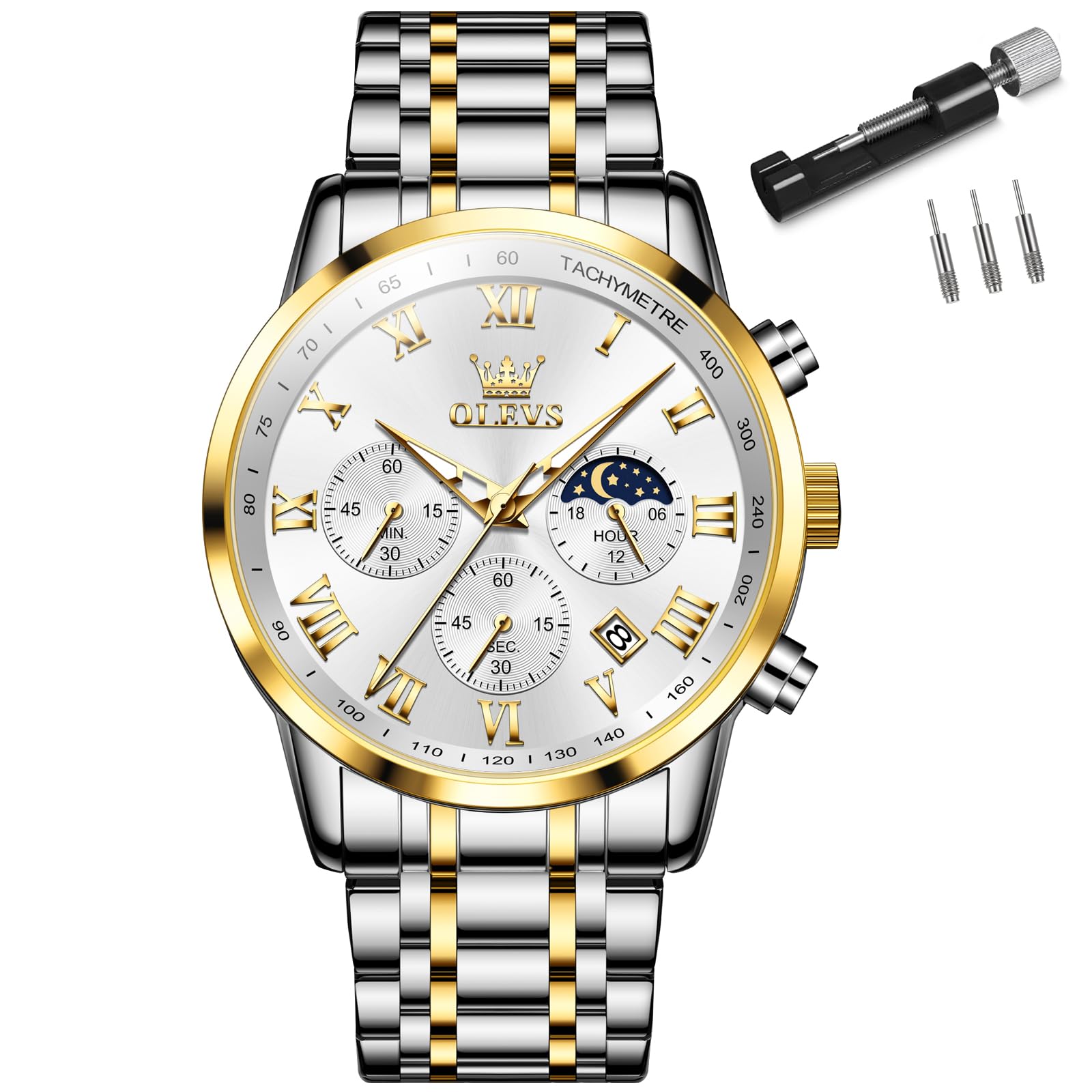 

popular in silver and analog business watch by Stylish stainless steel watch for men with date simple large dial with Roman moon perfect as a Men s