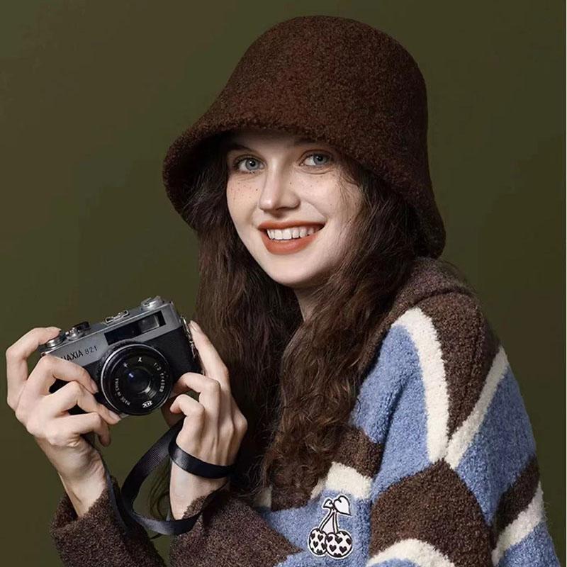 Japanese Style Simple Wool Bucket Hat For Women Solid Fisherman Hat Autumn Winter Versatile Fashion Outdoor Warm Panama Cap
