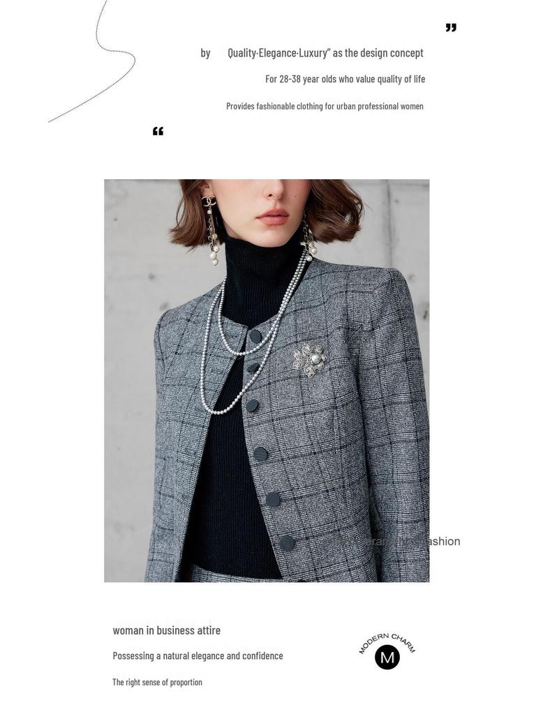 2024 Women's Gray Plaid Two-Piece Suit – Korean Style Formal Jacket & Skirt for Early Autumn