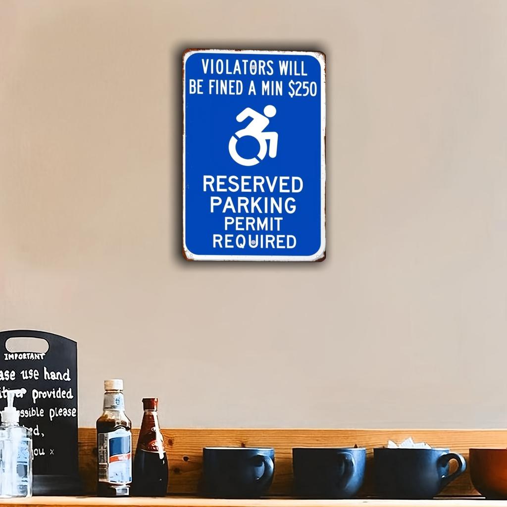 2D Flat - ADA Violators Will Be Fined a Min of $250, Reserved Parking Metal Sign, 8x12 Inch Waterproof Iron Wall Art Decoration