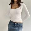 Women's Cotton Long Sleeve Lace Patchwork Navel-Exposed Square Neck T-Shirt