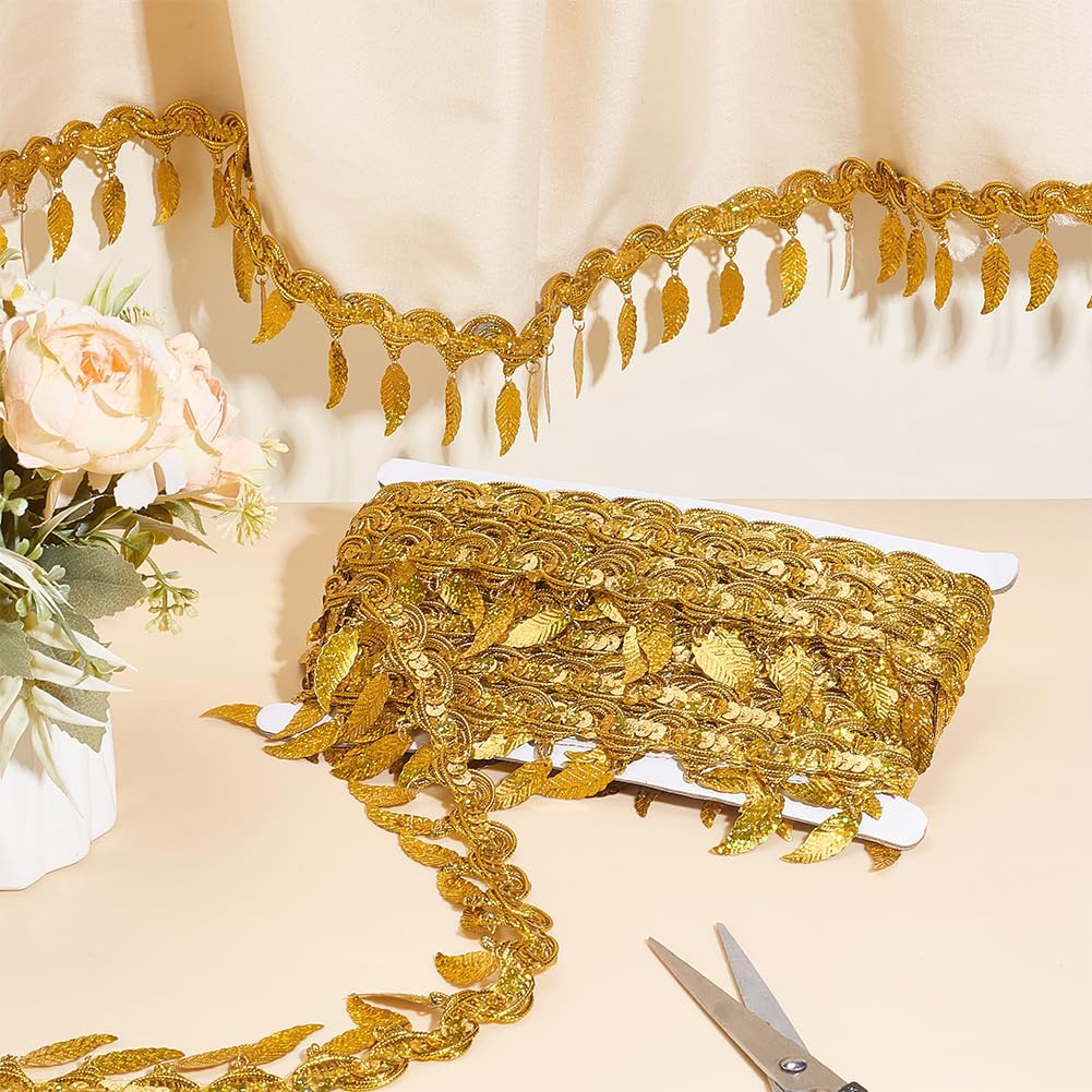 PH PandaHall 10 Yards Gold Sequin Fringe Trim Leaf Tassel Ribbon, Fabric Decorative Trim Gold Edging Trim Sewing Ribbon for Wedding Dance Dress